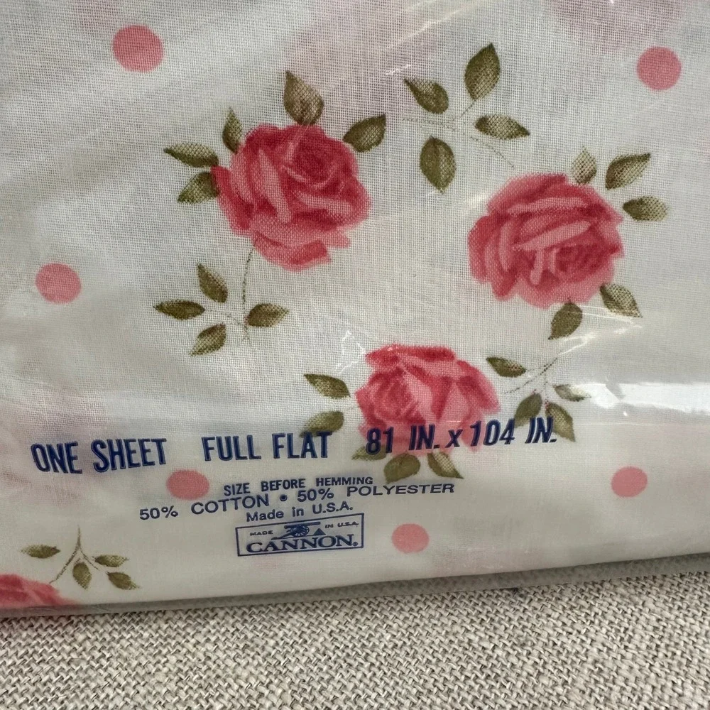 NEW Vintage Cannon No-Iron Muslin Full Flat & Fitted Sheet Set Rose Floral White
